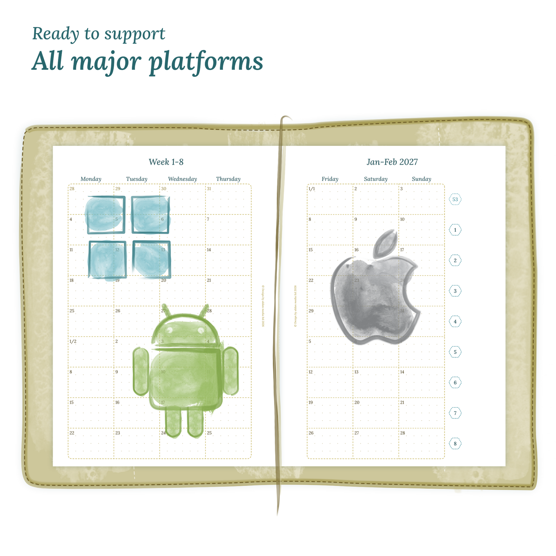 Open planner calendar insert with Windows, Android and Apple logos on a white background to show what operating systems are supported by our PDF printables.