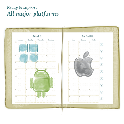 Open planner calendar insert with Windows, Android and Apple logos on a white background to show what operating systems are supported by our PDF printables.