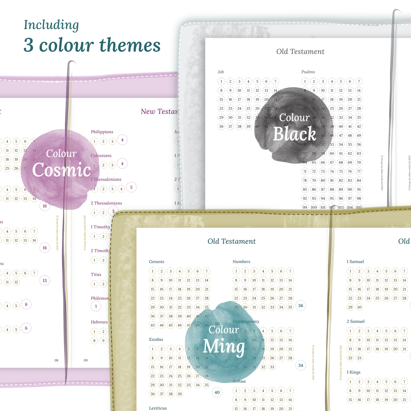 Three colour variants of the Bible study kit designs with colour themes 'Cosmic', 'Black', and 'Ming' displayed to show how they look like on the modules Bible journey map and 9W2P 9 weeks on 2 pages.
