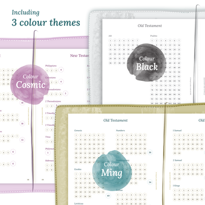 Three colour variants of the Bible study kit designs with colour themes 'Cosmic', 'Black', and 'Ming' displayed to show how they look like on the modules Bible journey map and 9W2P 9 weeks on 2 pages.