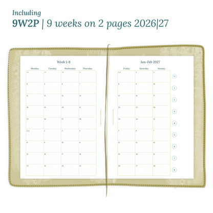 Open planner showing details of the printable planner inserts module 9W2P 9 weeks on 2 pages for January 2026 till December 2027.
