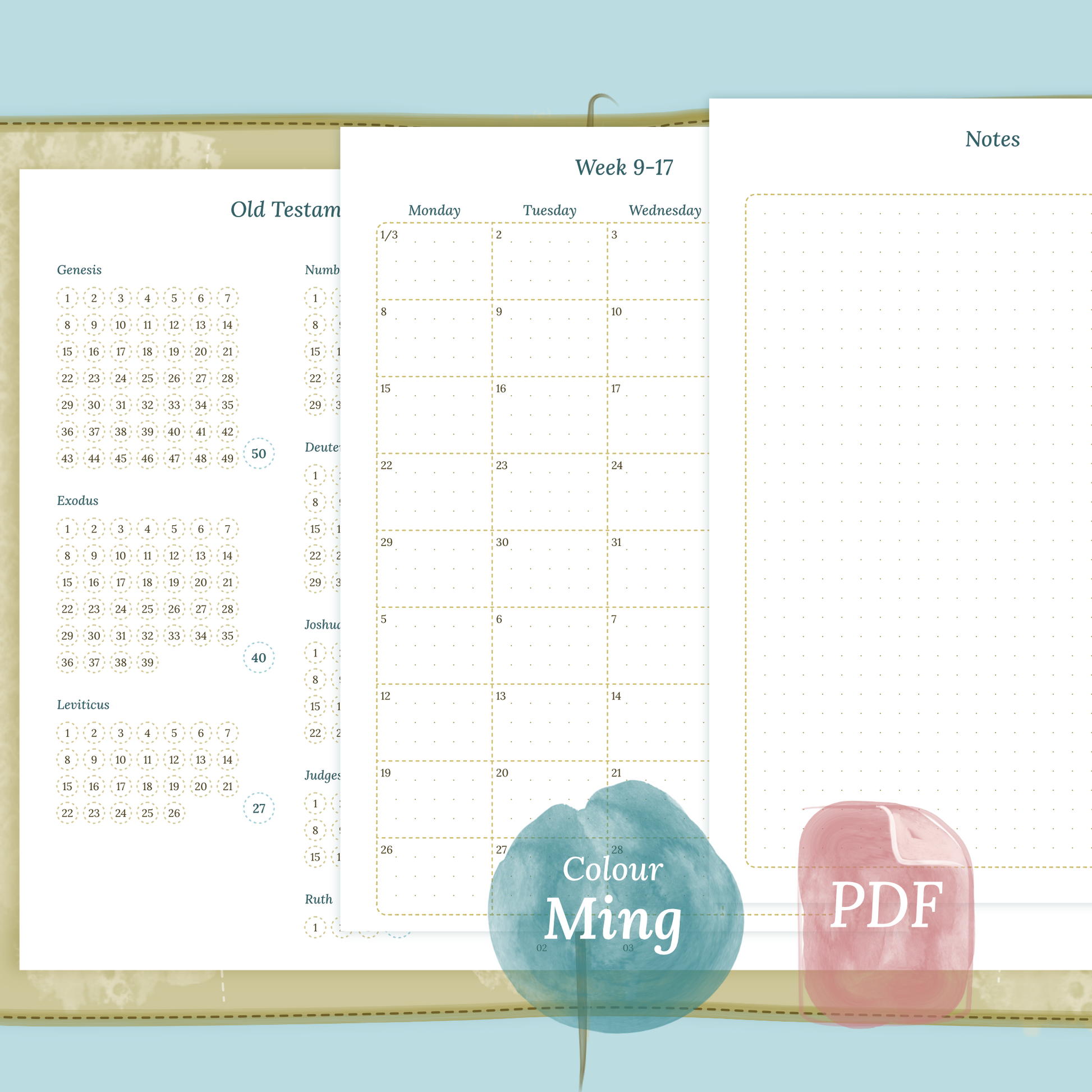 Examples featuring the printable Bible study kit inserts modules Bible journey map, 9W2P 9 weeks on 2 pages and Notes in the colour Ming/Blue.