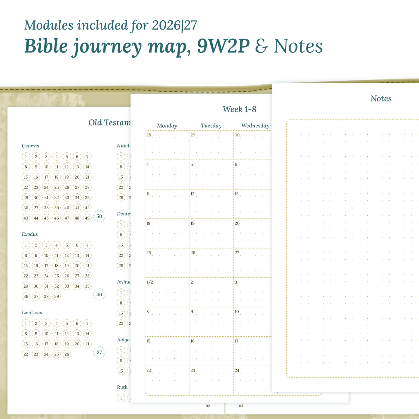 Printable Bible study kit inserts with modules for the years 2026 and 2027 featuring a Bible journey map, 9W2P 9 weeks on 2 pages and a Notes module.