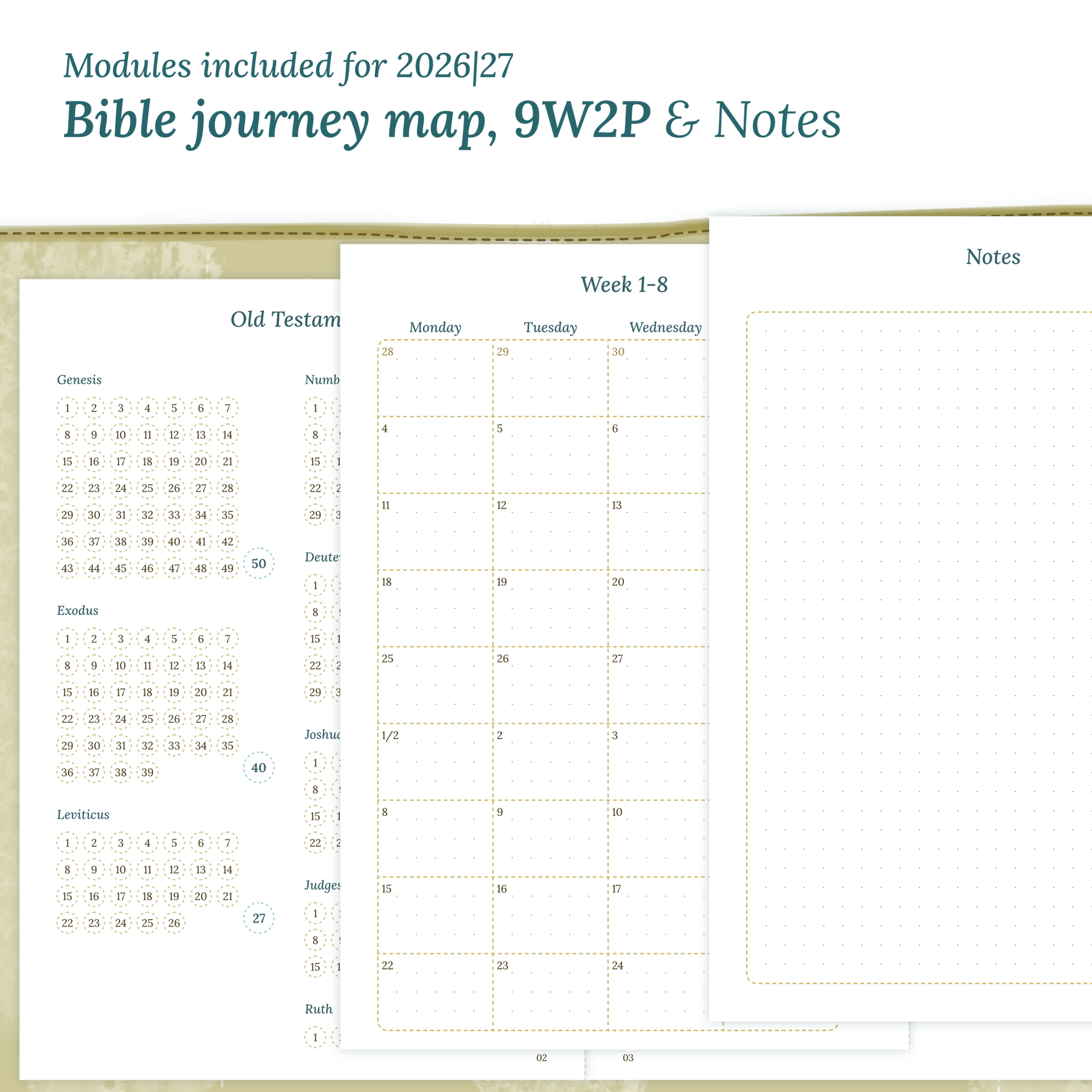 Printable Bible study kit inserts with modules for the years 2026 and 2027 featuring a Bible journey map, 9W2P 9 weeks on 2 pages and a Notes module.