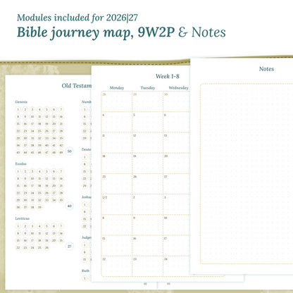 Printable Bible study kit inserts with modules for the years 2026 and 2027 featuring a Bible journey map, 9W2P 9 weeks on 2 pages and a Notes module.