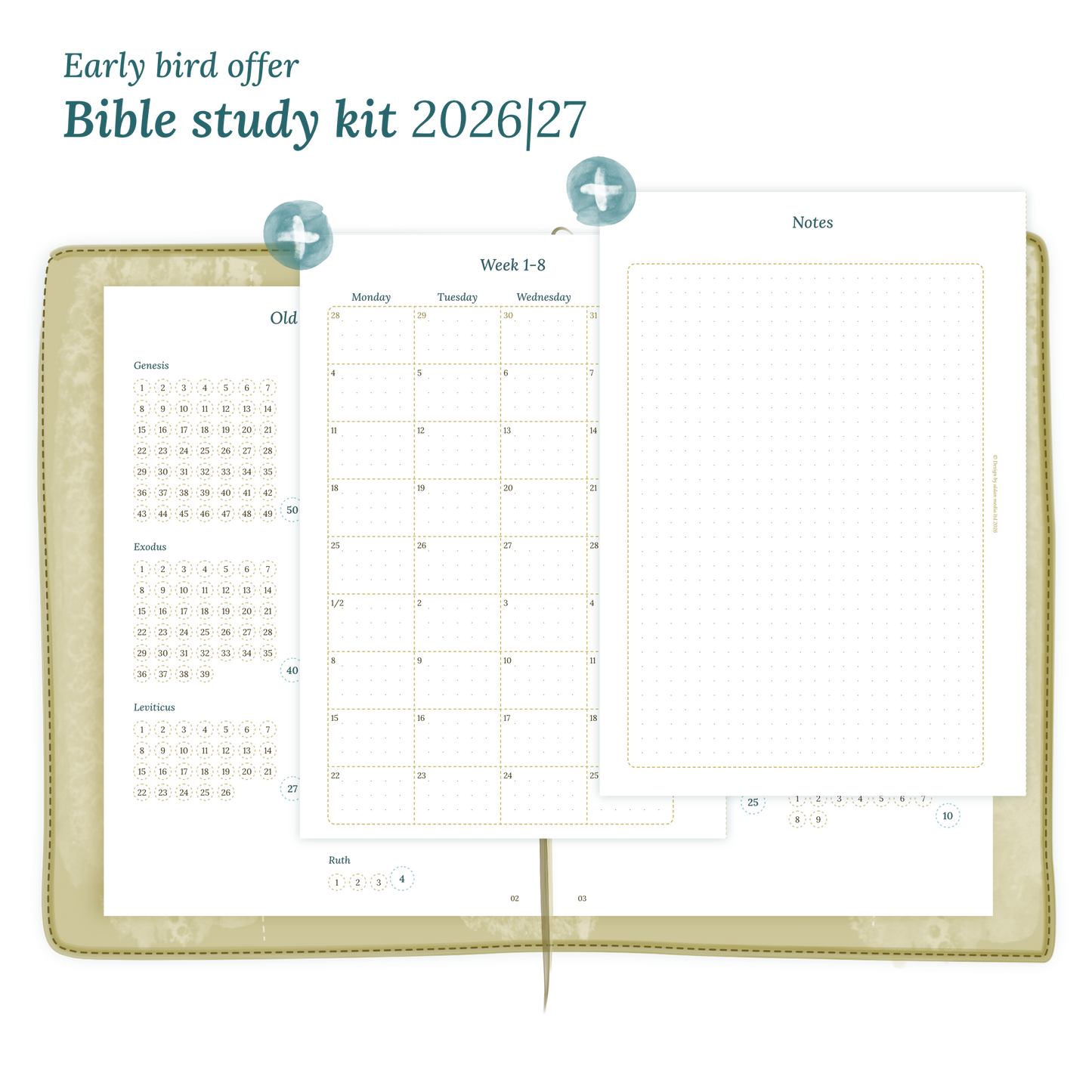 Calendar printable Bible study kit including modules for 2026 and 2027 for A5 size Traveler's Notebook planner.