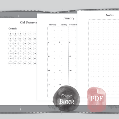 Examples featuring the PDF printable Bible study kit inserts modules Bible journey map, M2P month on 2 pages and Notes in the colour Black & White for Passport size Traveler's Notebook.