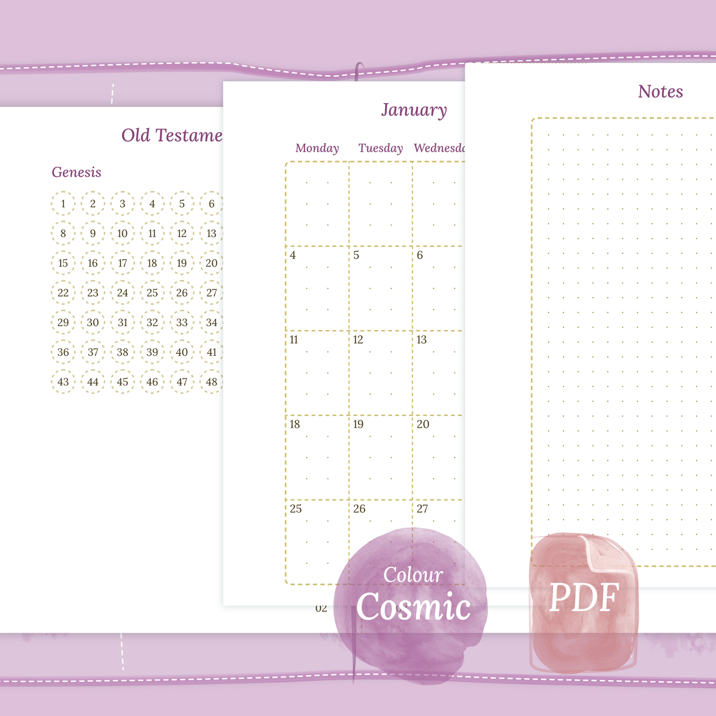 Examples featuring the PDF printable Bible study kit inserts modules Bible journey map, M2P month on 2 pages and Notes in the colour Cosmic/Raspberry for Passport size Traveler's Notebook.