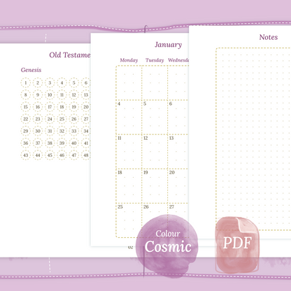 Examples featuring the PDF printable Bible study kit inserts modules Bible journey map, M2P month on 2 pages and Notes in the colour Cosmic/Raspberry for Passport size Traveler's Notebook.