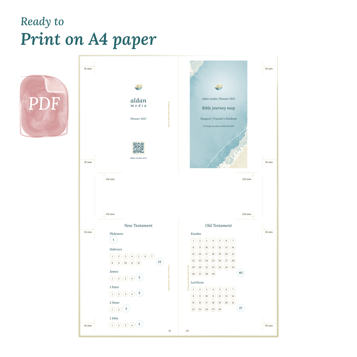 PDF printable calendar planner with lake design on A4 paper that illustrates that our products are ready to print.