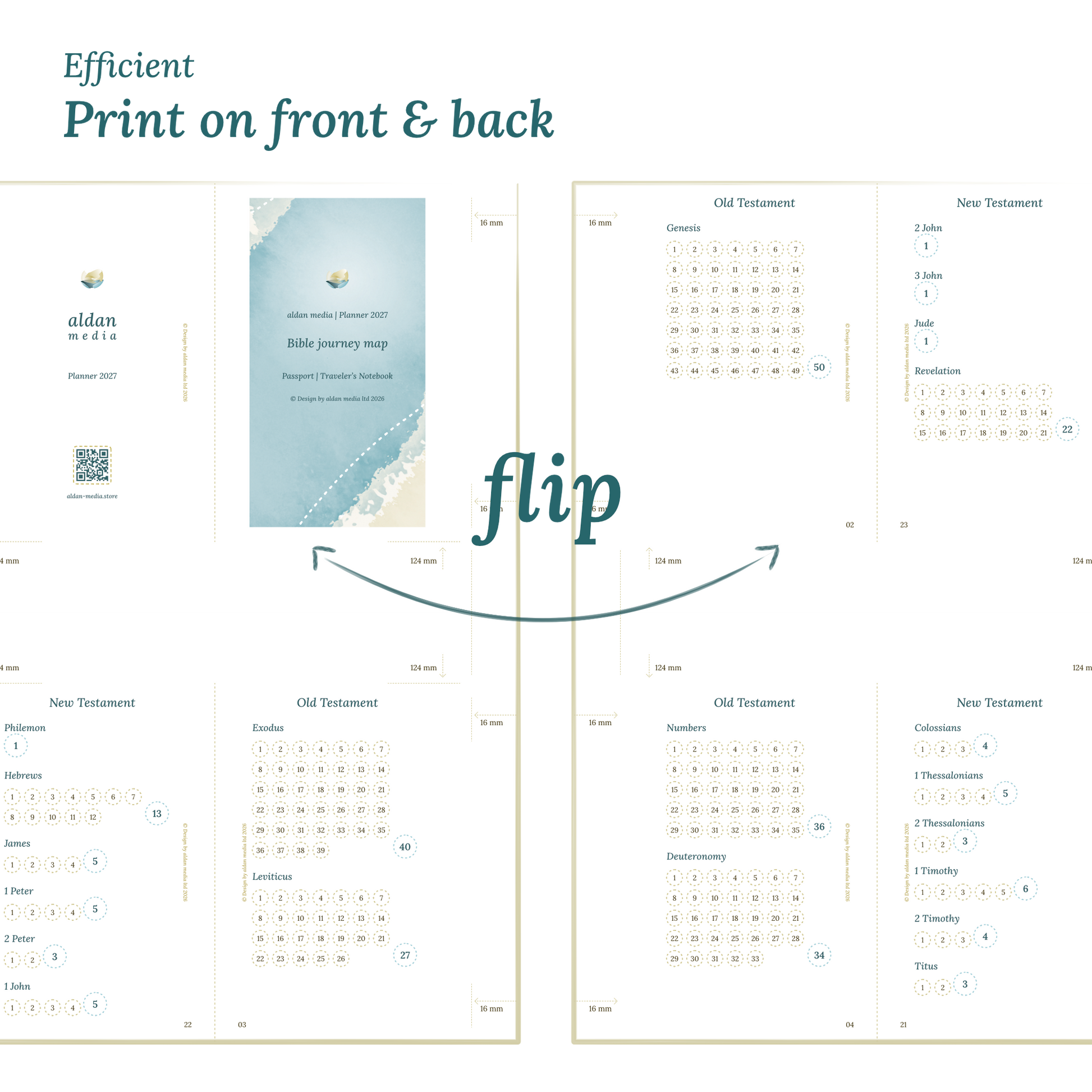 Calendar design with a lake map illustration and text indicating efficient printing on front and back of the A4 page Passport size for Traveler's Notebook.