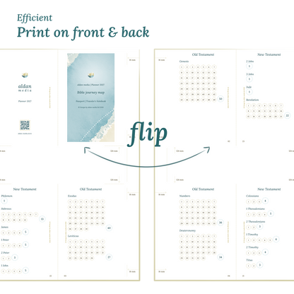 Calendar design with a lake map illustration and text indicating efficient printing on front and back of the A4 page Passport size for Traveler's Notebook.