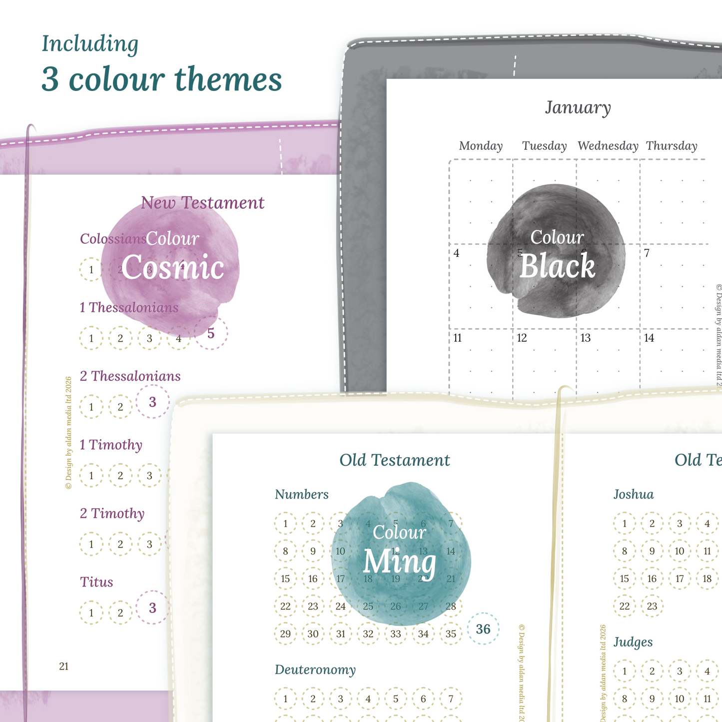 Three colour variants of the Bible study kit designs with colour themes 'Cosmic', 'Black', and 'Ming' displayed to show how they look like on the modules Bible journey map and M2P month on 2 pages.