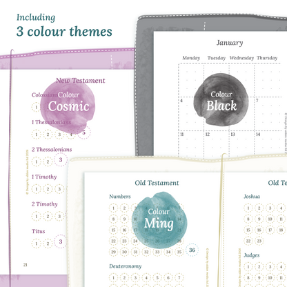 Three colour variants of the Bible study kit designs with colour themes 'Cosmic', 'Black', and 'Ming' displayed to show how they look like on the modules Bible journey map and M2P month on 2 pages.