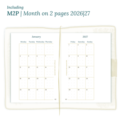 Open planner showing details of the PDF printable planner inserts module M2P month on 2 pages for January 2026 till December 2027 for Passport size Traveler's Notebook.