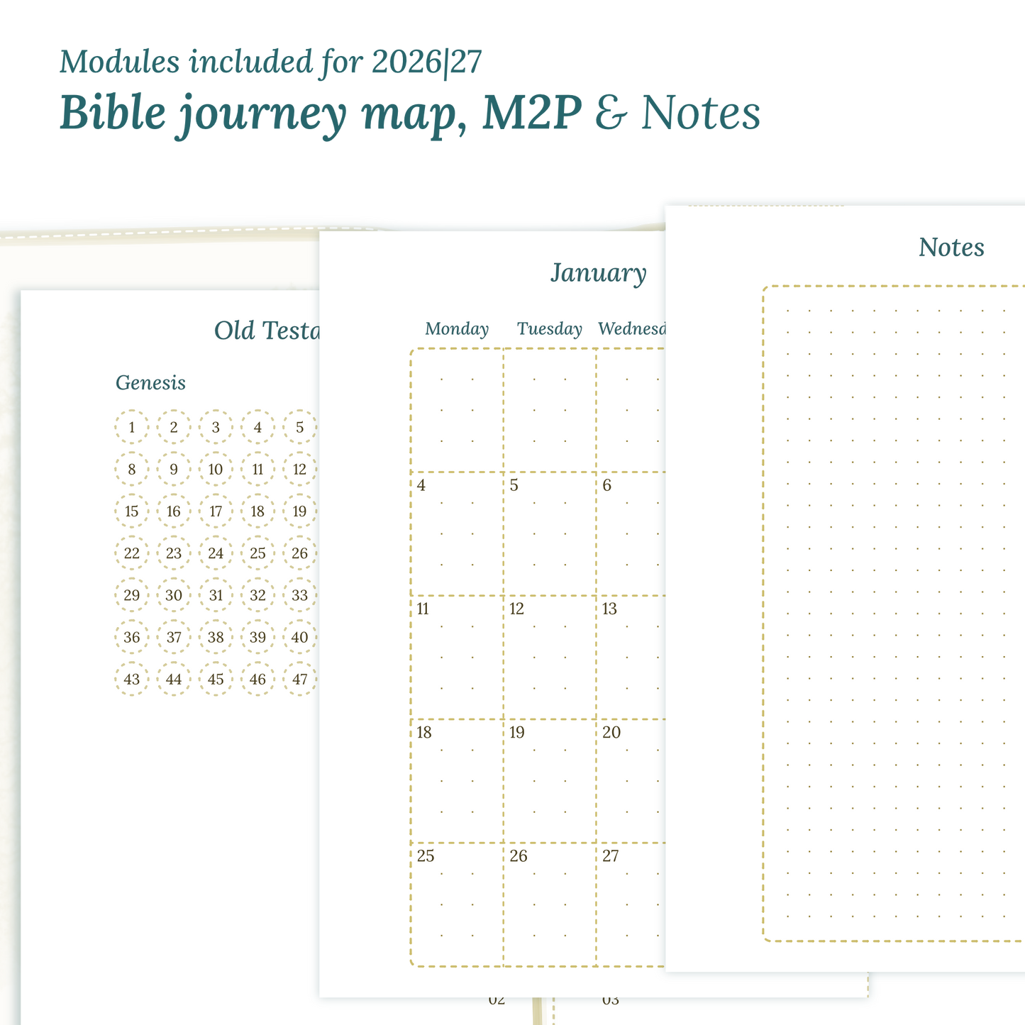 Printable Bible study kit PDF printable inserts with modules for the years 2026 and 2027 featuring a Bible journey map, M2P Month on 2 pages and a Notes module.