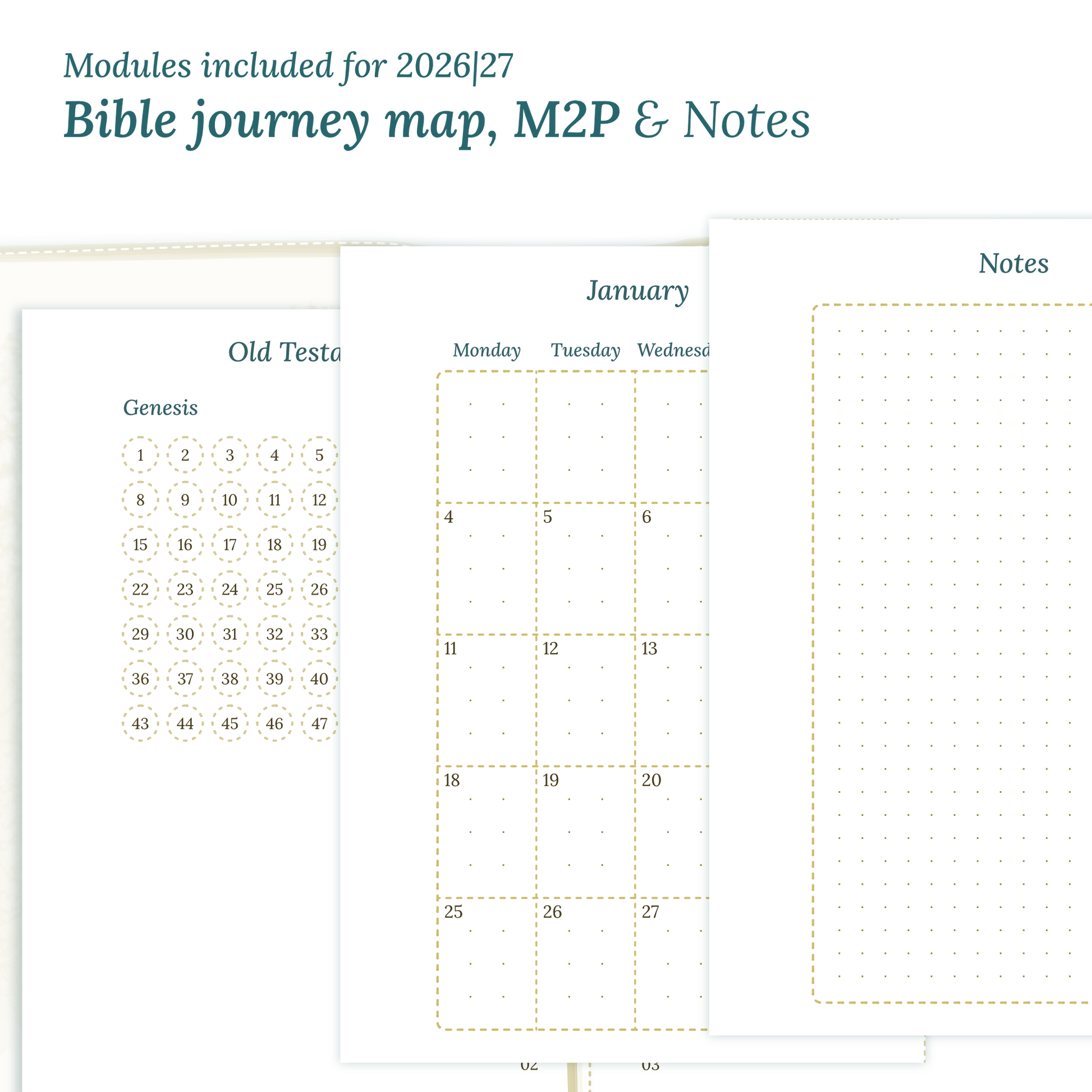 Printable Bible study kit PDF printable inserts with modules for the years 2026 and 2027 featuring a Bible journey map, M2P Month on 2 pages and a Notes module.