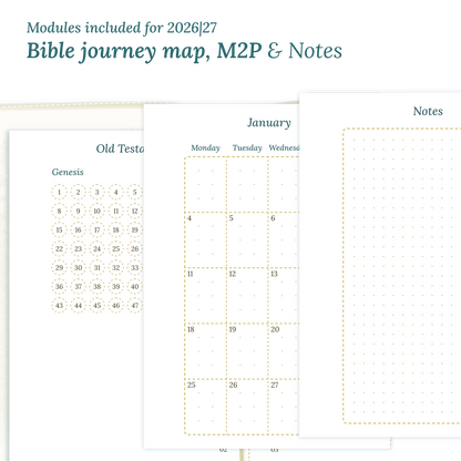 Printable Bible study kit PDF printable inserts with modules for the years 2026 and 2027 featuring a Bible journey map, M2P Month on 2 pages and a Notes module.