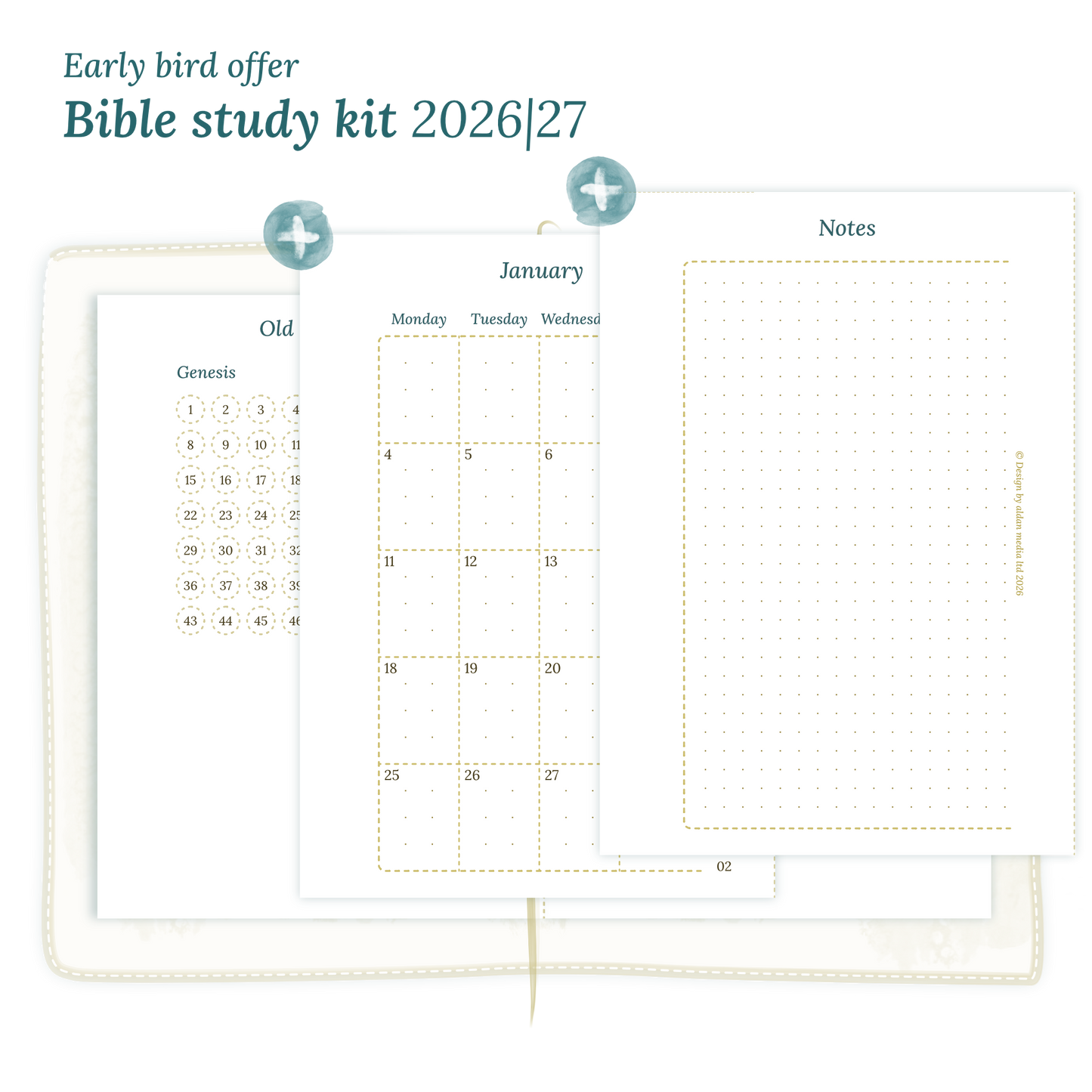 Calendar PDF printable Bible study kit including modules for 2026 and 2027 for Passport size Traveler's Notebook planner.