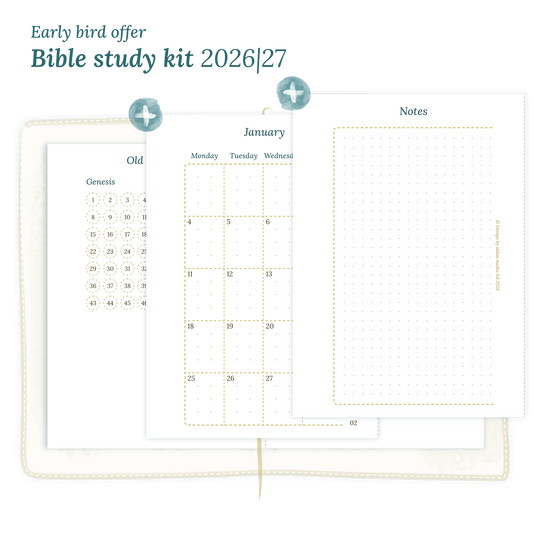 Calendar PDF printable Bible study kit including modules for 2026 and 2027 for Passport size Traveler's Notebook planner.