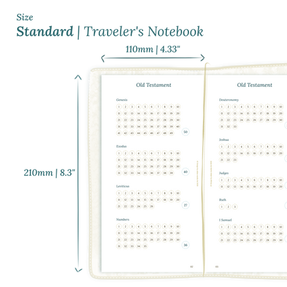 Calendar PDF printable planner insert with dimensions labeled on a white background to show the size supported which is Standard for Traveler's Notebook.