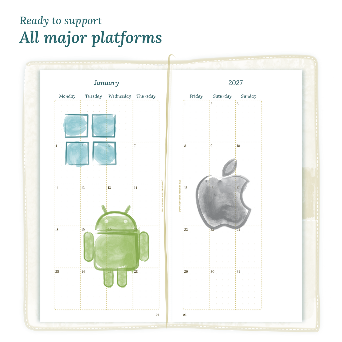Open planner calendar insert with Windows, Android and Apple logos on a white background to show what operating systems are supported by our PDF printables.