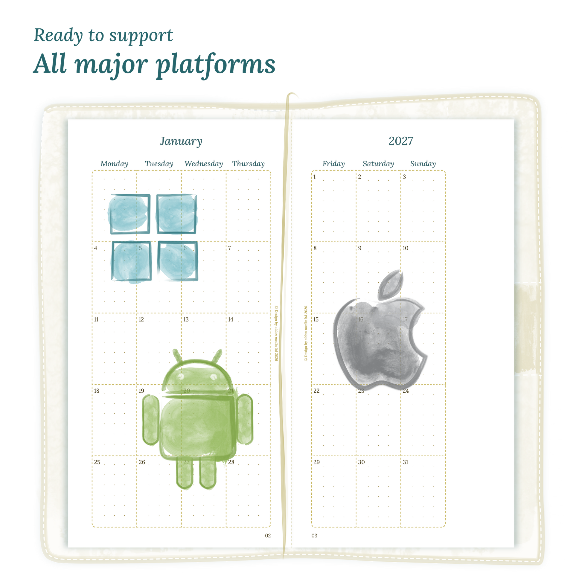 Open planner calendar insert with Windows, Android and Apple logos on a white background to show what operating systems are supported by our PDF printables.