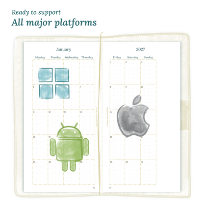 Open planner calendar insert with Windows, Android and Apple logos on a white background to show what operating systems are supported by our PDF printables.