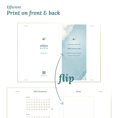 Calendar design with a lake map illustration and text indicating efficient printing on front and back of the A4 page Standard size for Traveler's Notebook.