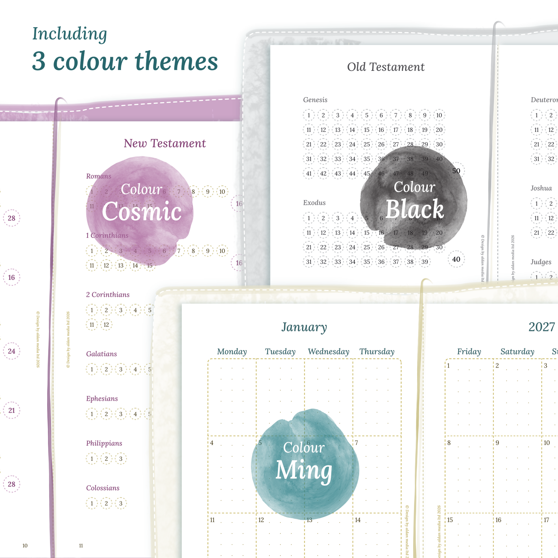 Three colour variants of the Bible study kit designs with colour themes 'Cosmic', 'Black', and 'Ming' displayed to show how they look like on the modules Bible journey map and M2P month on 2 pages.