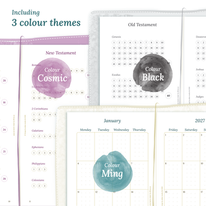 Three colour variants of the Bible study kit designs with colour themes 'Cosmic', 'Black', and 'Ming' displayed to show how they look like on the modules Bible journey map and M2P month on 2 pages.