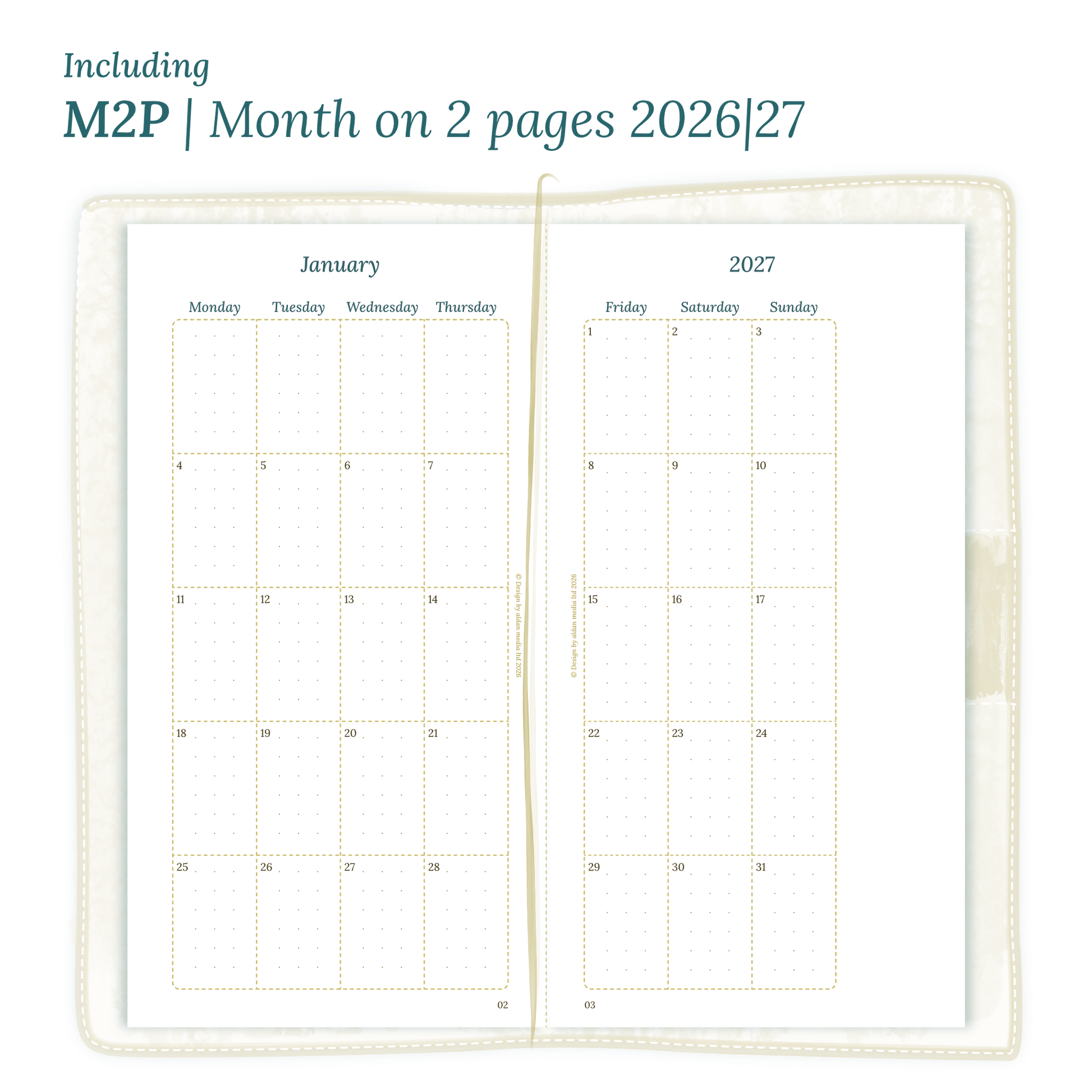Open planner showing details of the PDF printable planner inserts module M2P month on 2 pages for January 2026 till December 2027 for Standard size Traveler's Notebook.