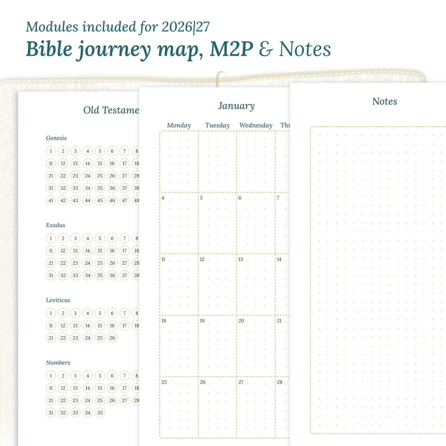 Printable Bible study kit PDF printable inserts with modules for the years 2026 and 2027 featuring a Bible journey map, M2P Month on 2 pages and a Notes module.