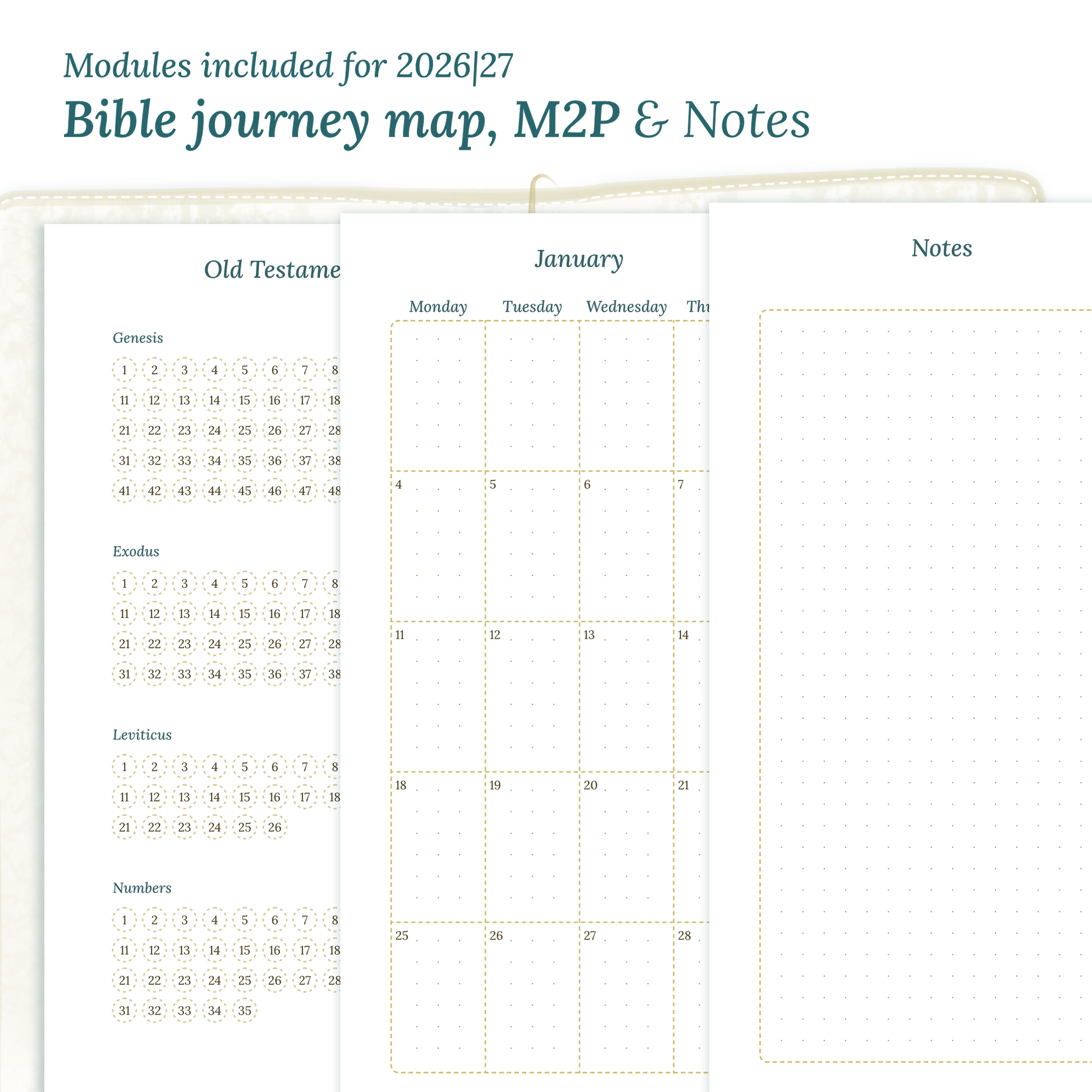 Printable Bible study kit PDF printable inserts with modules for the years 2026 and 2027 featuring a Bible journey map, M2P Month on 2 pages and a Notes module.