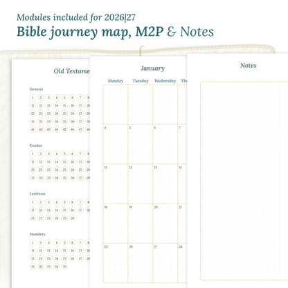 Printable Bible study kit PDF printable inserts with modules for the years 2026 and 2027 featuring a Bible journey map, M2P Month on 2 pages and a Notes module.