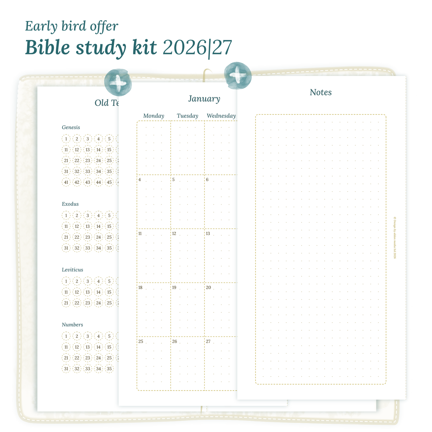 Calendar PDF printable Bible study kit including modules for 2026 and 2027 for Standard size Traveler's Notebook planner.