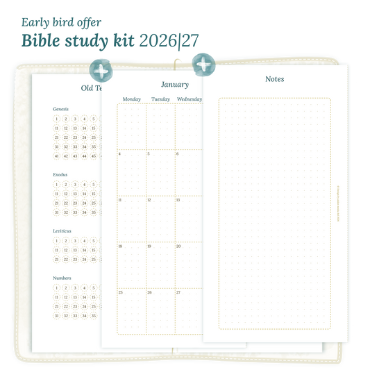 Calendar PDF printable Bible study kit including modules for 2026 and 2027 for Standard size Traveler's Notebook planner.