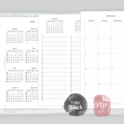 Examples featuring the different PDF printable planner inserts modules of this Bundle for 2026 and 2027 in the colour Black & White.