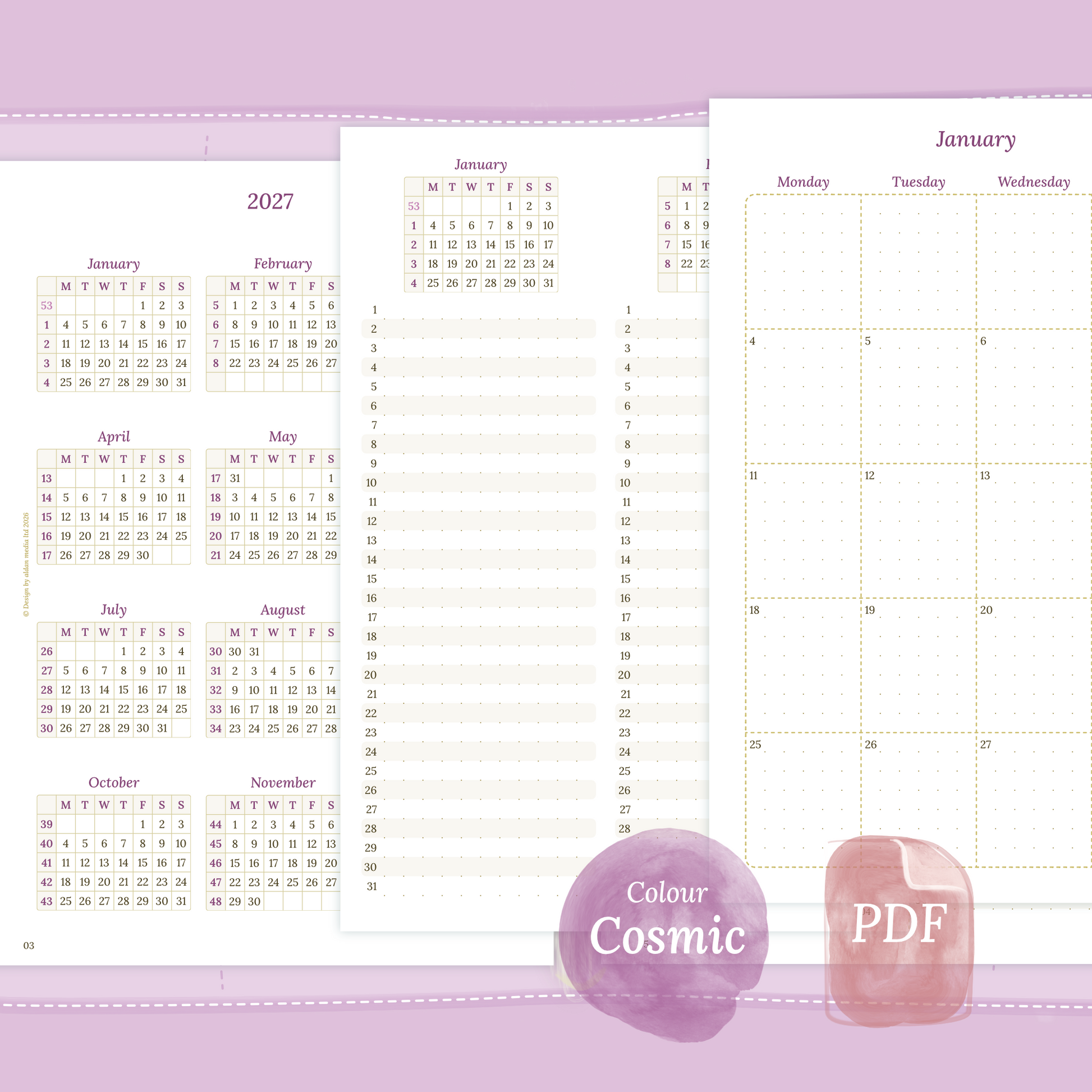 Examples featuring the different PDF printable planner inserts modules of this Bundle for 2026 and 2027 in the colour Cosmic/Raspberry.