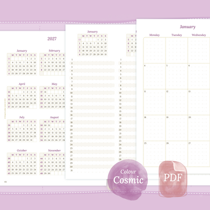 Examples featuring the different PDF printable planner inserts modules of this Bundle for 2026 and 2027 in the colour Cosmic/Raspberry.