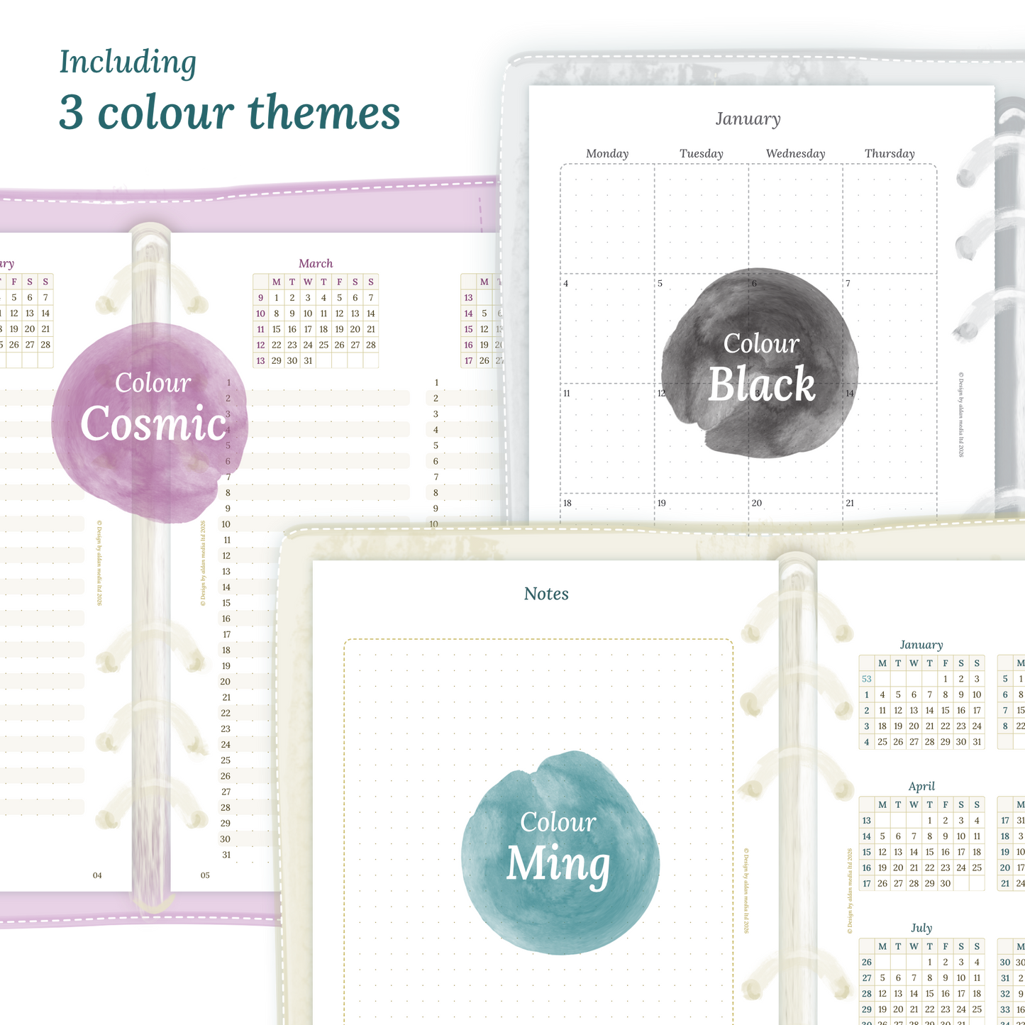 Three colour variants of the calendar designs of the PDF printable inserts with colour themes 'Cosmic', 'Black', and 'Ming' displayed to show how the different modules of this Bundle look like.