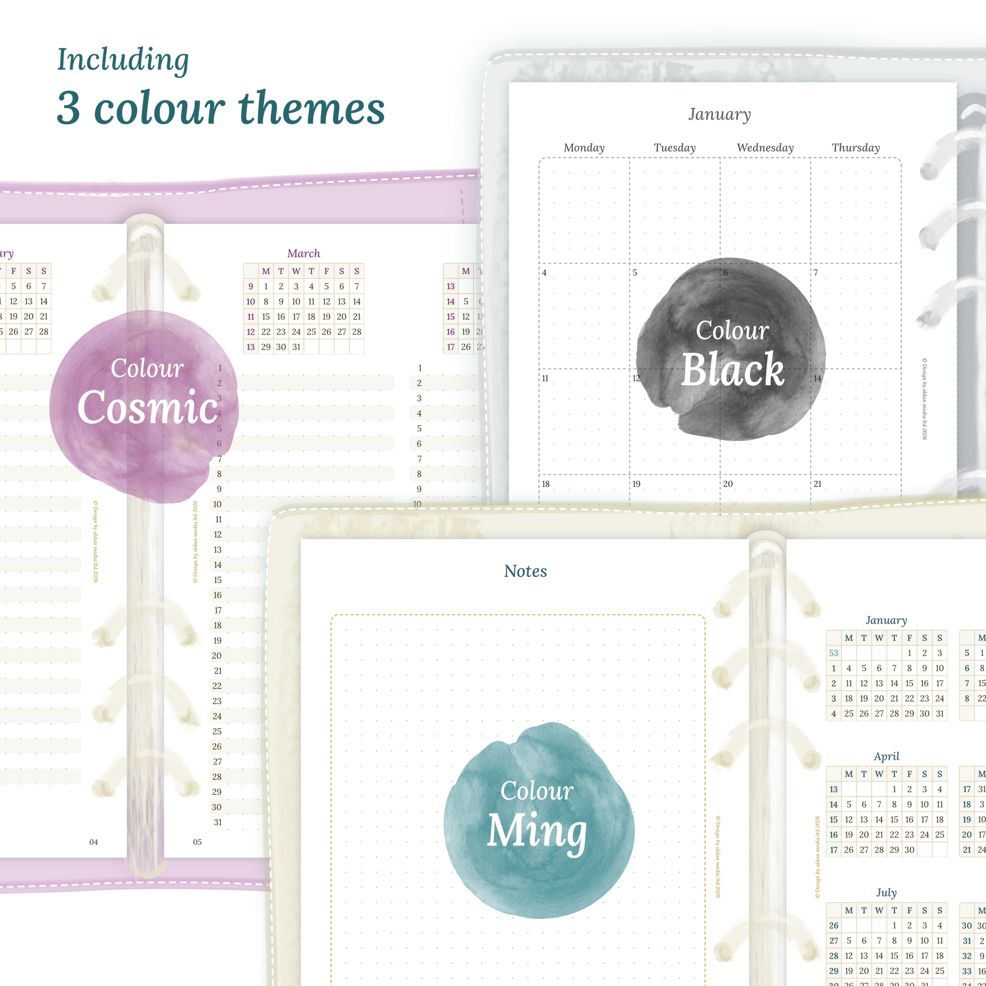 Three colour variants of the calendar designs of the PDF printable inserts with colour themes 'Cosmic', 'Black', and 'Ming' displayed to show how the different modules of this Bundle look like.