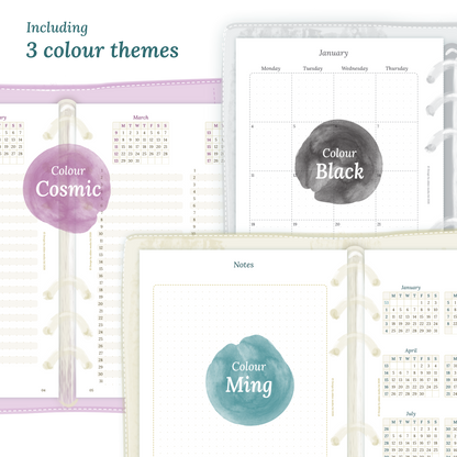 Three colour variants of the calendar designs of the PDF printable inserts with colour themes 'Cosmic', 'Black', and 'Ming' displayed to show how the different modules of this Bundle look like.