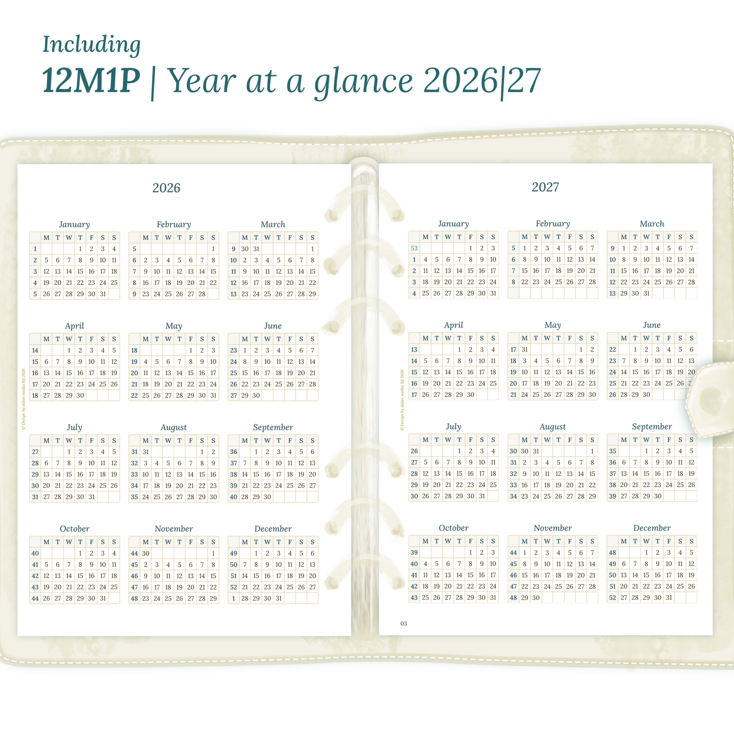 Open planner showing details of the PDF printable inserts module 12M1P 12 months on 1 page for 2026 & 2027 inside this Bundle.