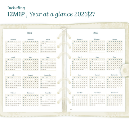 Open planner showing details of the PDF printable inserts module 12M1P 12 months on 1 page for 2026 & 2027 inside this Bundle.