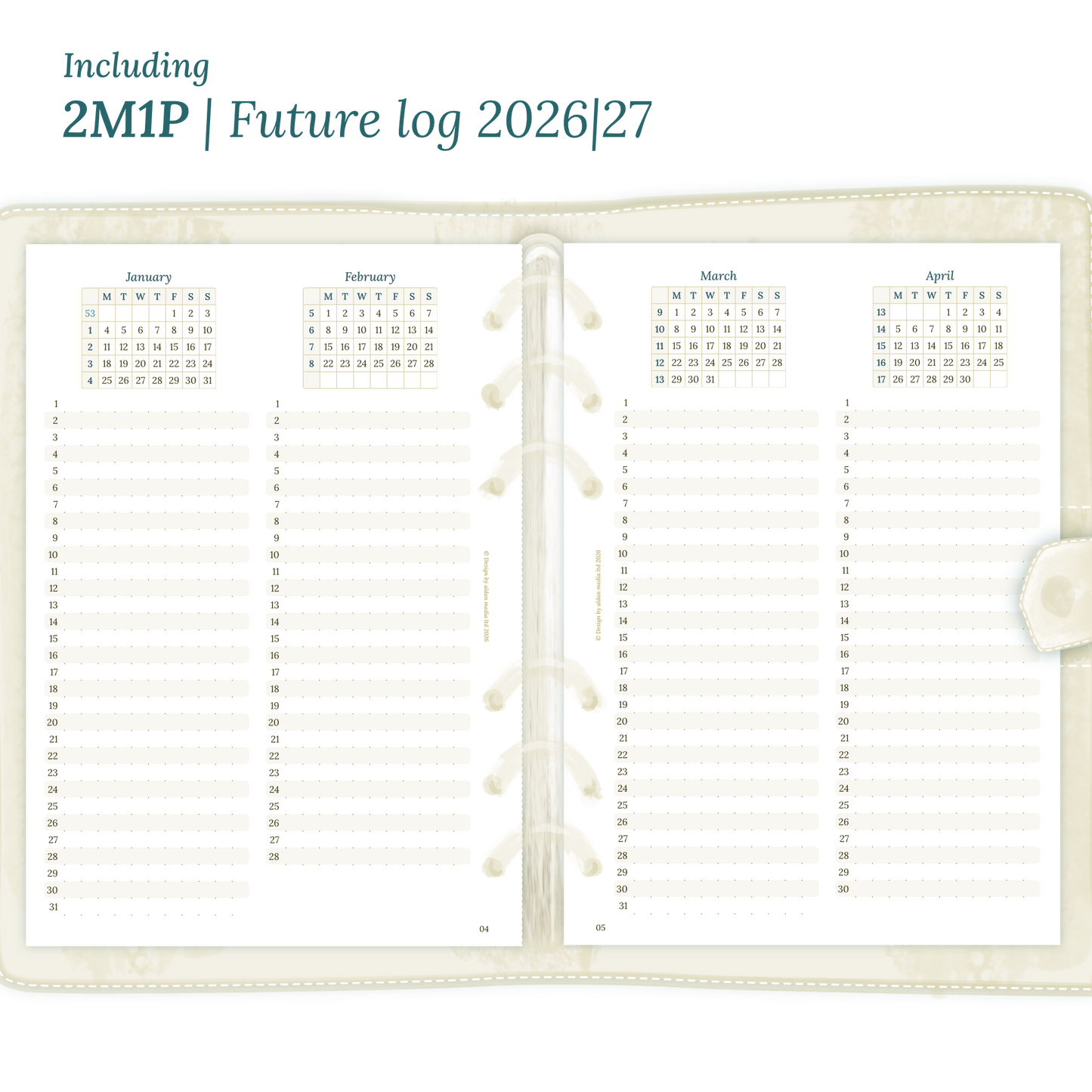 Open planner showing details of the PDF printable inserts module 2M1P future log 2 months on 1 page for 2026 & 2027 inside this Bundle.
