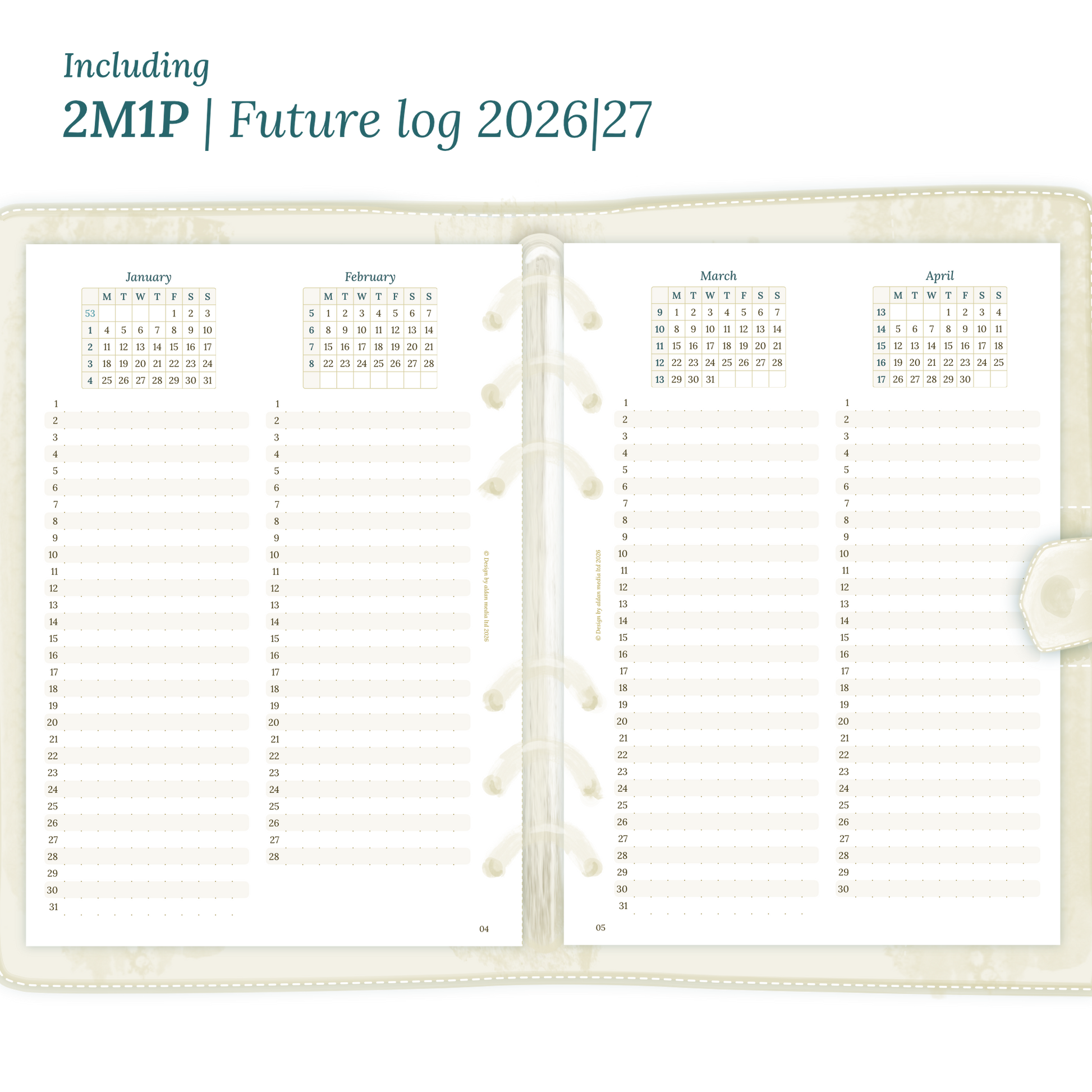 Open planner showing details of the PDF printable inserts module 2M1P future log 2 months on 1 page for 2026 & 2027 inside this Bundle.