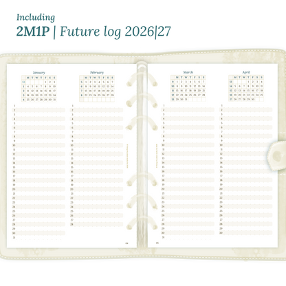 Open planner showing details of the PDF printable inserts module 2M1P future log 2 months on 1 page for 2026 & 2027 inside this Bundle.