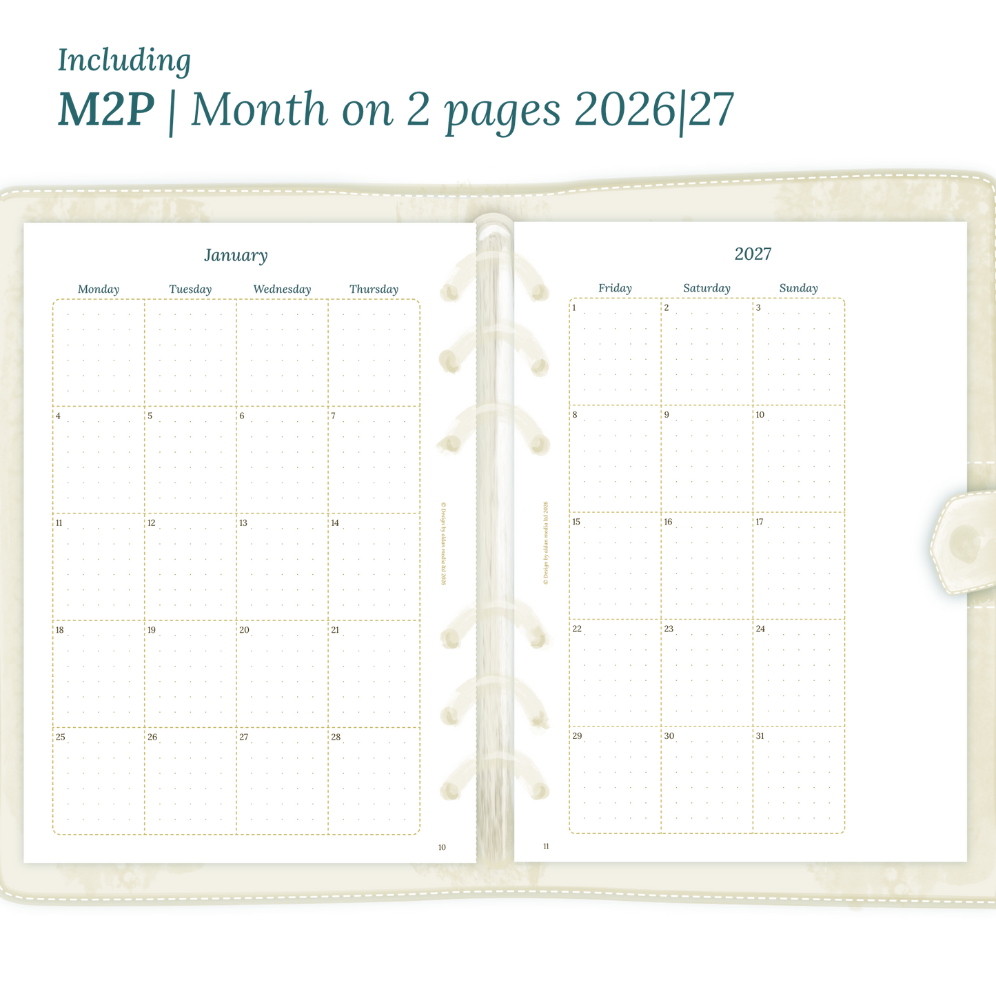 Open planner showing details of the PDF printable inserts module M2P month on 2 pages for 2026 and 2027 inside this Bundle.