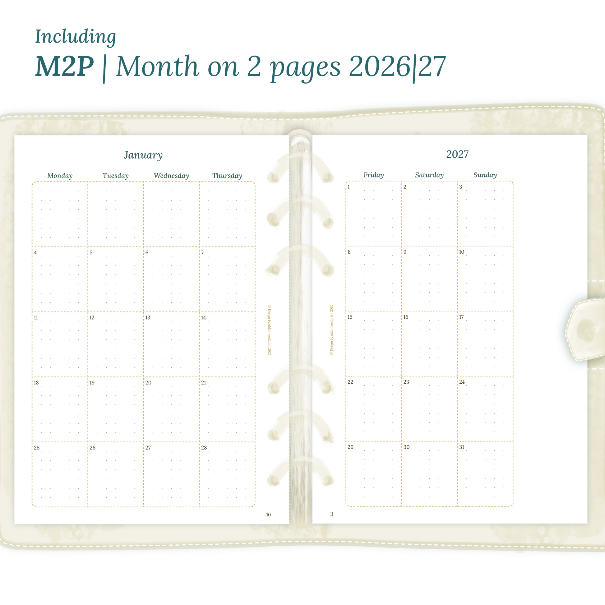 Open planner showing details of the PDF printable inserts module M2P month on 2 pages for 2026 and 2027 inside this Bundle.